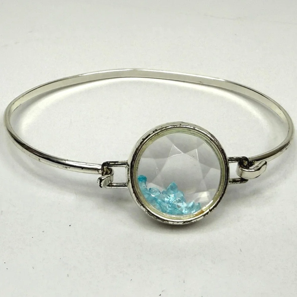 Charm Bangle Bracelet with Round Floating Blue Crystal Rhinestones Jewelry 6.5